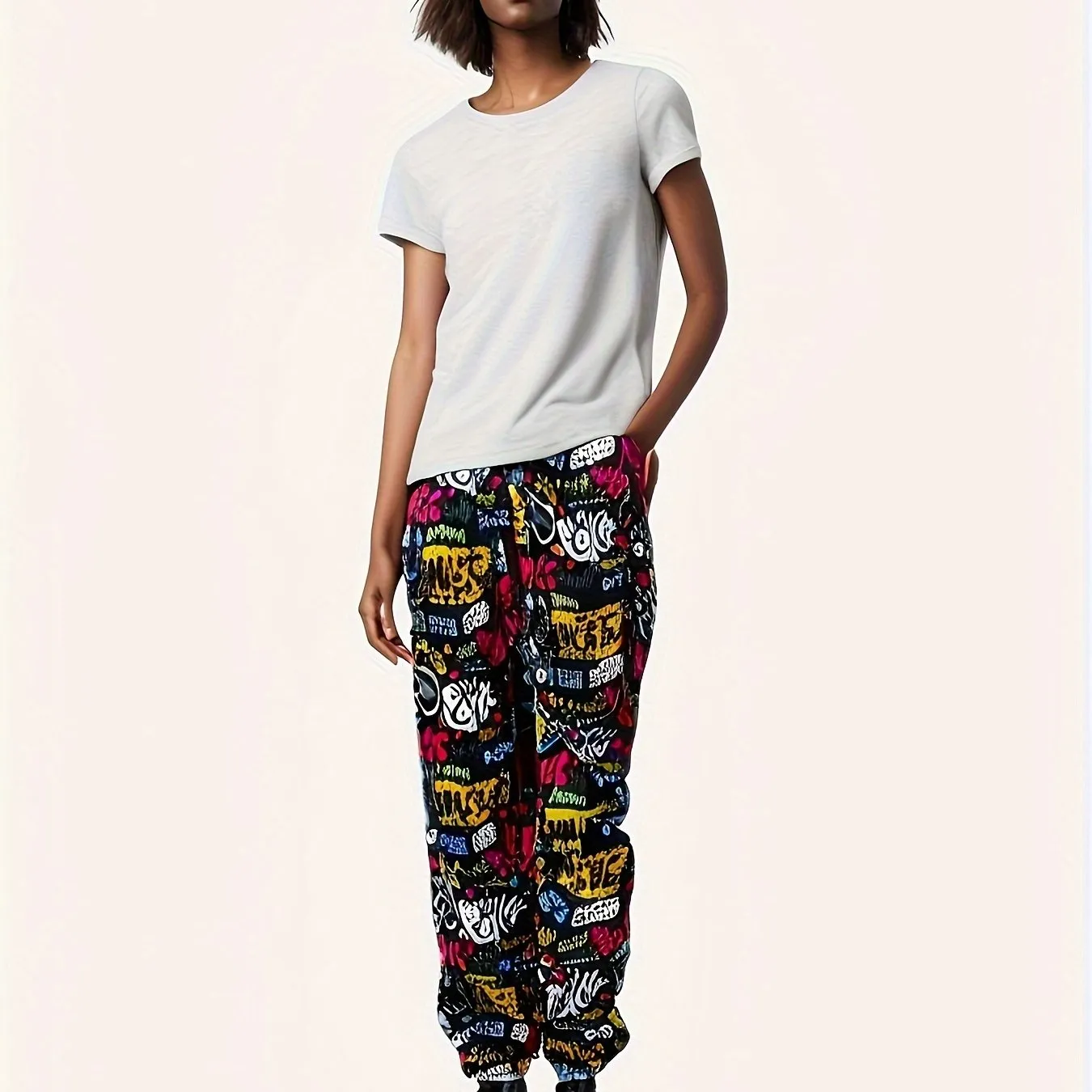 Allover Print Fitted Bottom Joggers, Streetwear High Waist Pants For Spring & Summer, Women's Clothing
