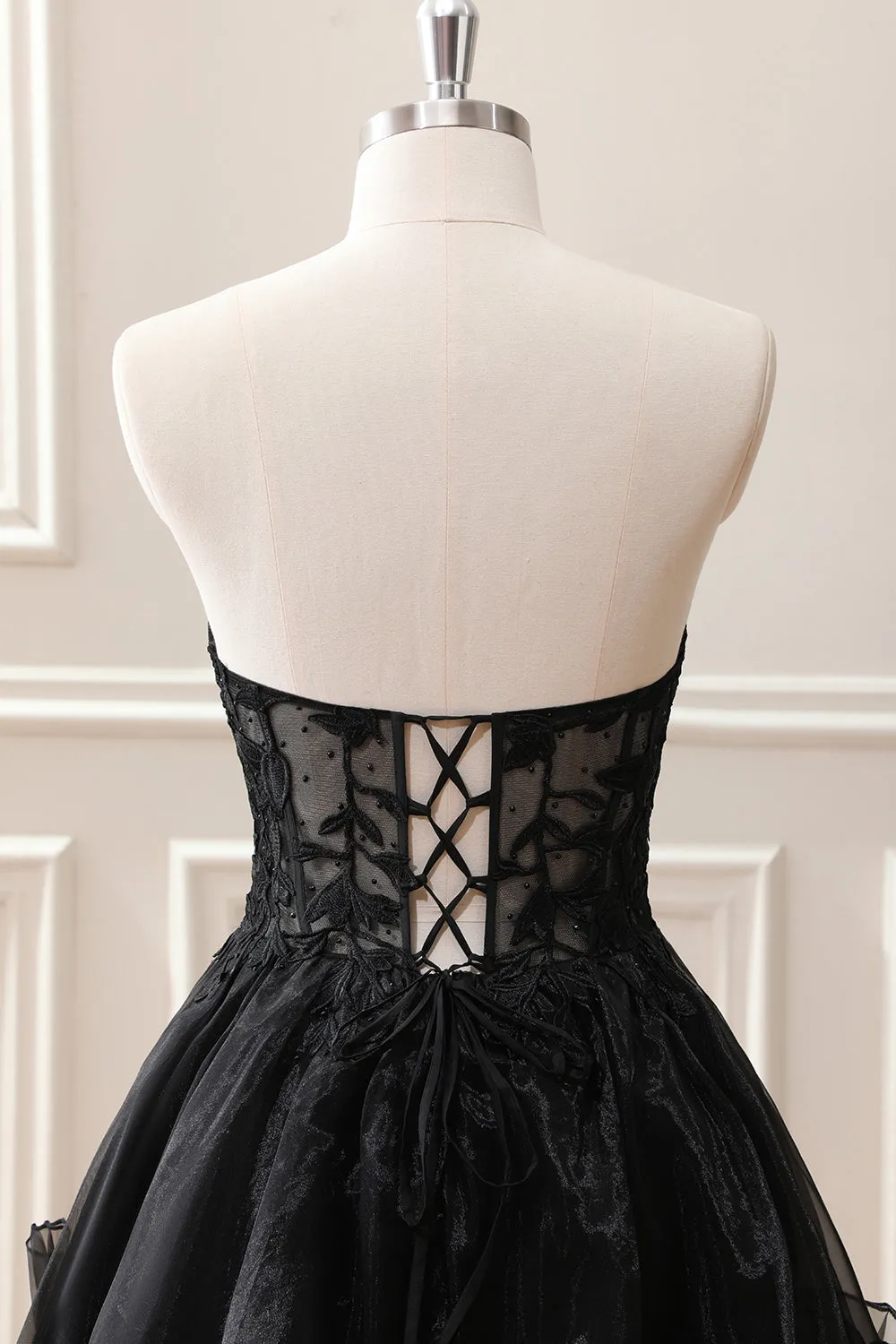 Black A Line Ruffles Corset Beaded Tulle Strapless Mini Dress