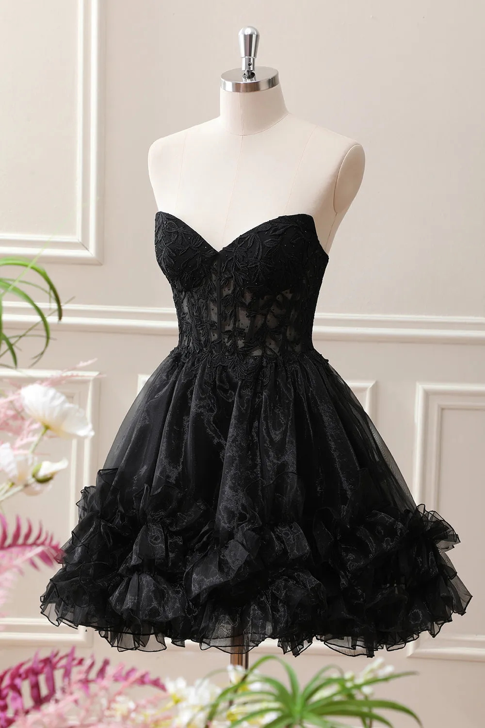 Black A Line Ruffles Corset Beaded Tulle Strapless Mini Dress