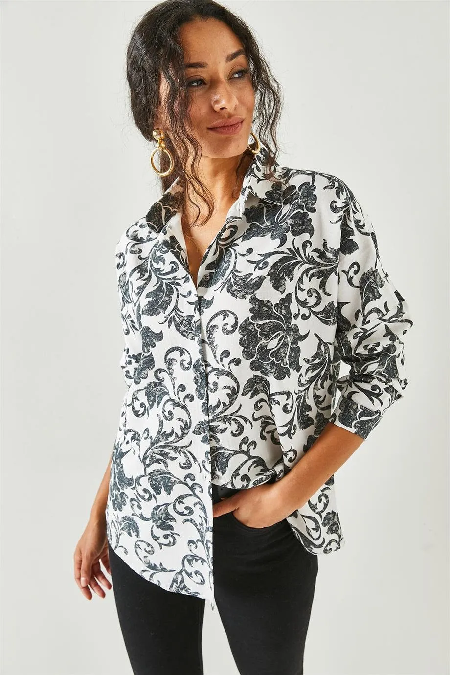 Black Floral Linen Button Down Shirt
