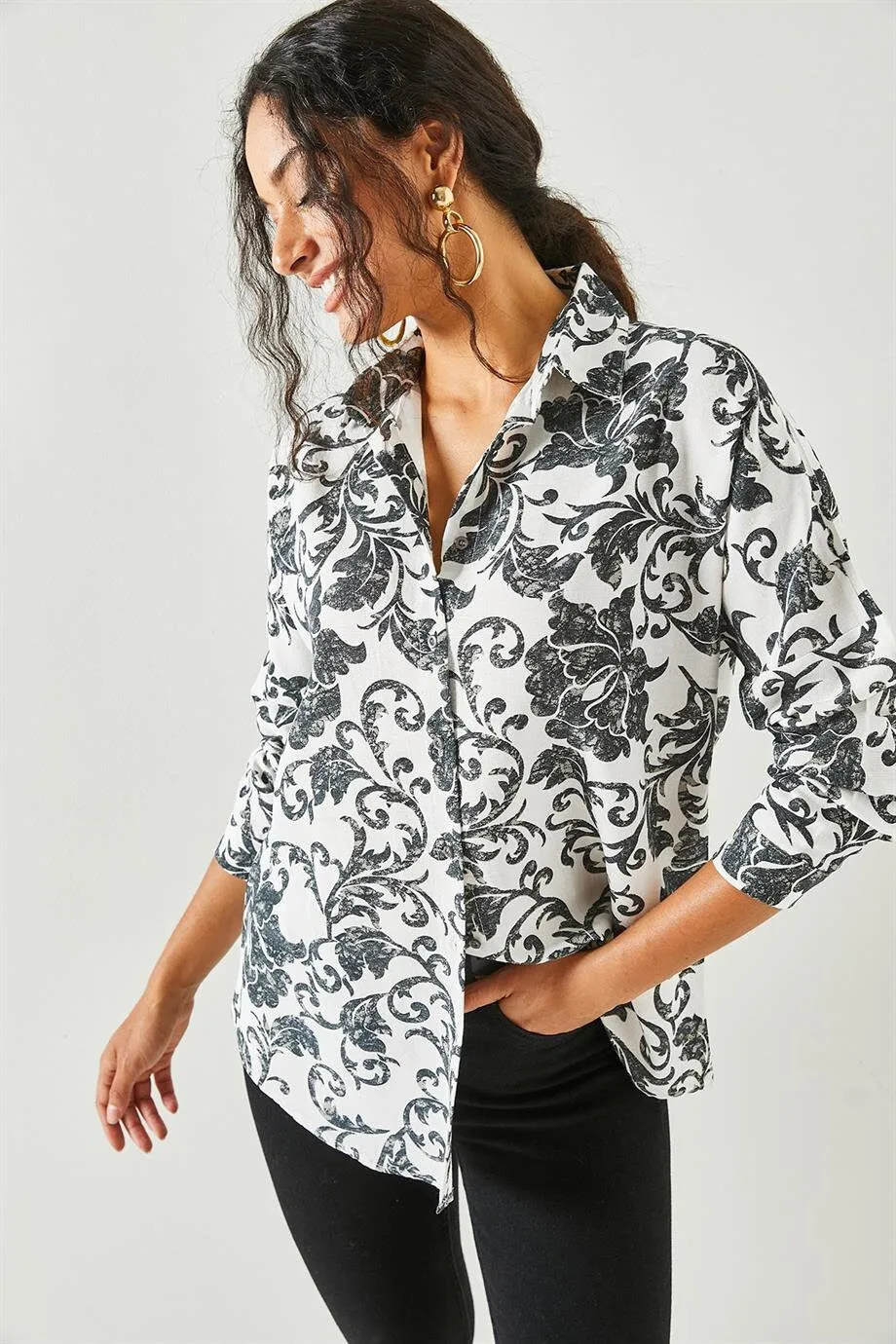 Black Floral Linen Button Down Shirt
