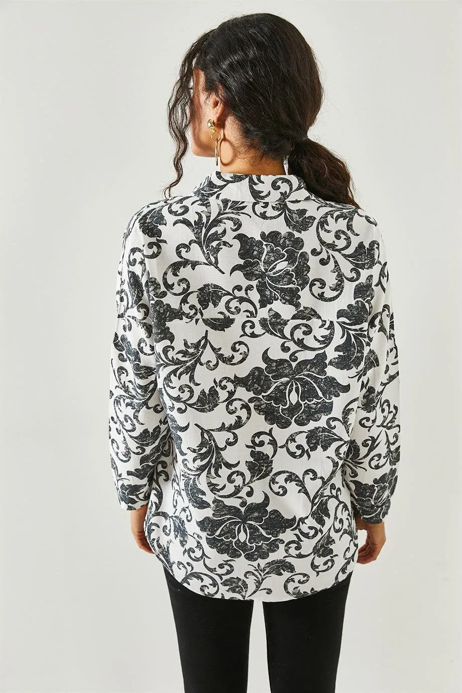 Black Floral Linen Button Down Shirt