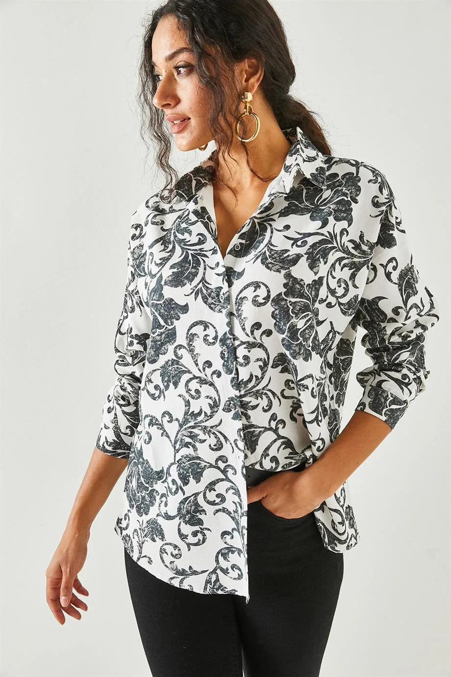 Black Floral Linen Button Down Shirt