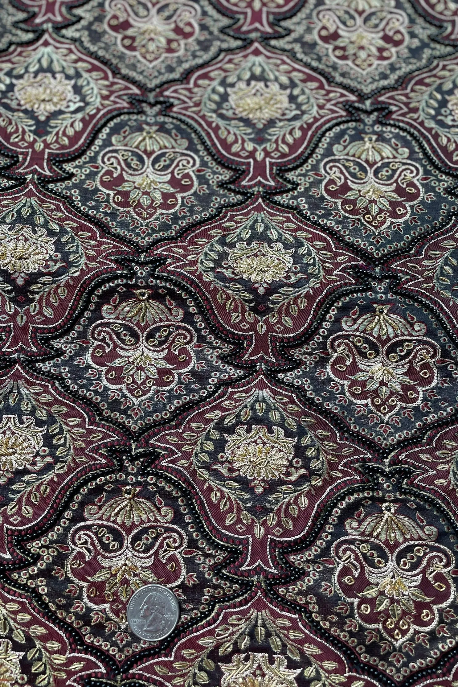 Black Gold Beading on Black Burgundy Brocade