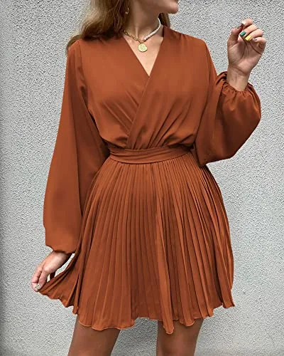 BTFBM Women 2023 Summer Casual Dresses Boho Wrap V Neck Puff Long Sleeve Beach Cocktail Flowy Pleated A-Line Mini Dress(Solid Brick Red, X-Large)