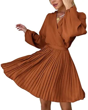 BTFBM Women 2023 Summer Casual Dresses Boho Wrap V Neck Puff Long Sleeve Beach Cocktail Flowy Pleated A-Line Mini Dress(Solid Brick Red, X-Large)
