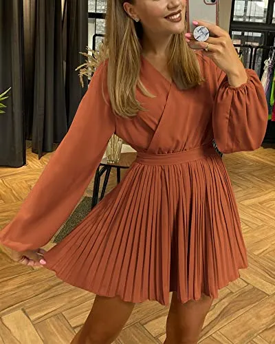 BTFBM Women 2023 Summer Casual Dresses Boho Wrap V Neck Puff Long Sleeve Beach Cocktail Flowy Pleated A-Line Mini Dress(Solid Brick Red, X-Large)