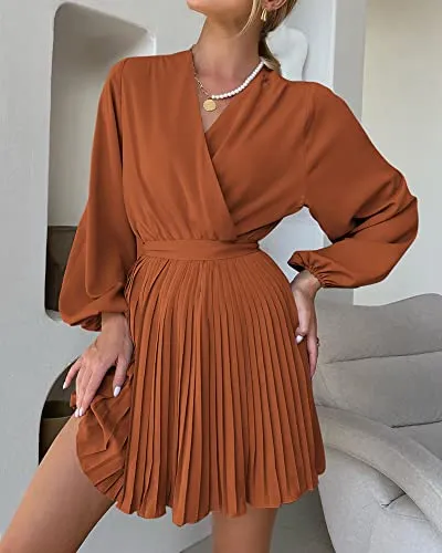 BTFBM Women 2023 Summer Casual Dresses Boho Wrap V Neck Puff Long Sleeve Beach Cocktail Flowy Pleated A-Line Mini Dress(Solid Brick Red, X-Large)