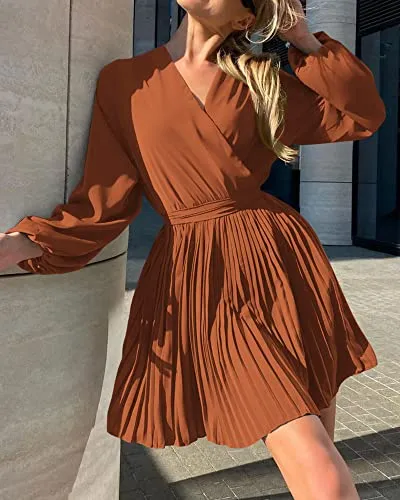 BTFBM Women 2023 Summer Casual Dresses Boho Wrap V Neck Puff Long Sleeve Beach Cocktail Flowy Pleated A-Line Mini Dress(Solid Brick Red, X-Large)