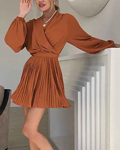 BTFBM Women 2023 Summer Casual Dresses Boho Wrap V Neck Puff Long Sleeve Beach Cocktail Flowy Pleated A-Line Mini Dress(Solid Brick Red, X-Large)