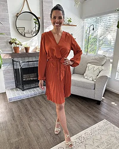 BTFBM Women 2023 Summer Casual Dresses Boho Wrap V Neck Puff Long Sleeve Beach Cocktail Flowy Pleated A-Line Mini Dress(Solid Brick Red, X-Large)