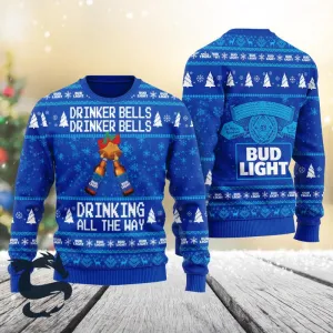 Bud Light Drinker Bells Drinking All The Way Christmas Ugly Sweater