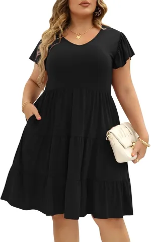 Celkuser Plus Size Casual Summer Dresses Curvy Womens Elastic Waist Tiered A Line Ruffle Hem Dress with Pockets
