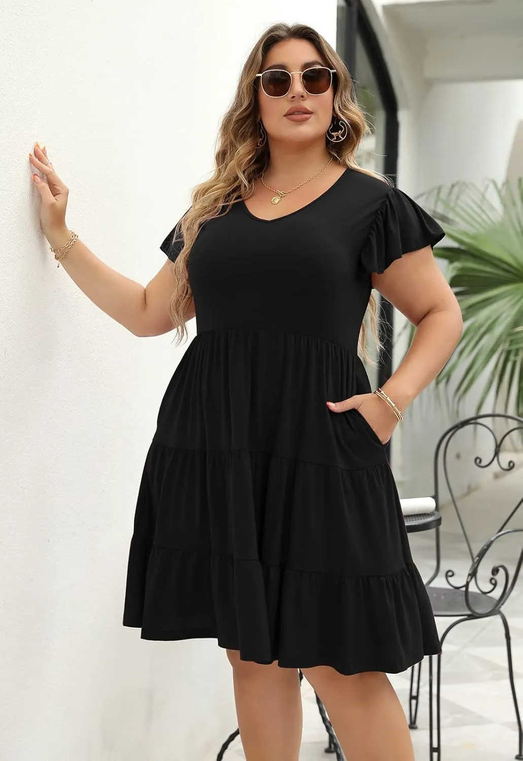 Celkuser Plus Size Casual Summer Dresses Curvy Womens Elastic Waist Tiered A Line Ruffle Hem Dress with Pockets