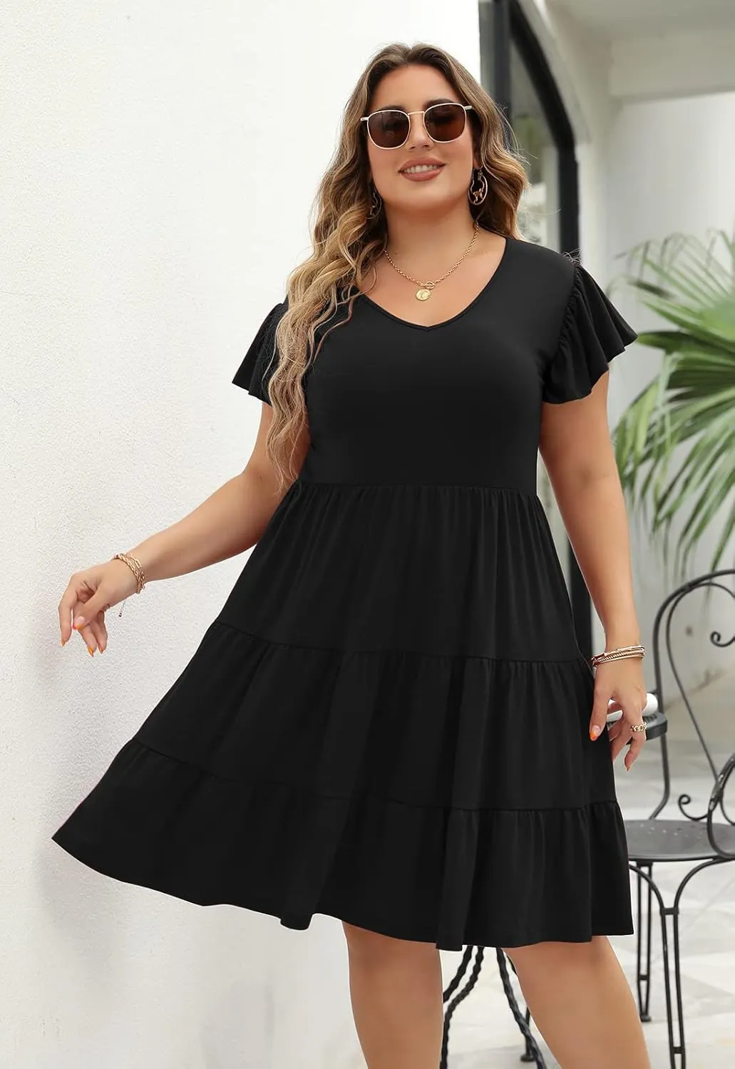Celkuser Plus Size Casual Summer Dresses Curvy Womens Elastic Waist Tiered A Line Ruffle Hem Dress with Pockets