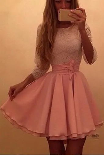 Clearance Scoop Long Sleeves Lace Patchwork Flared Pleated Short Dress