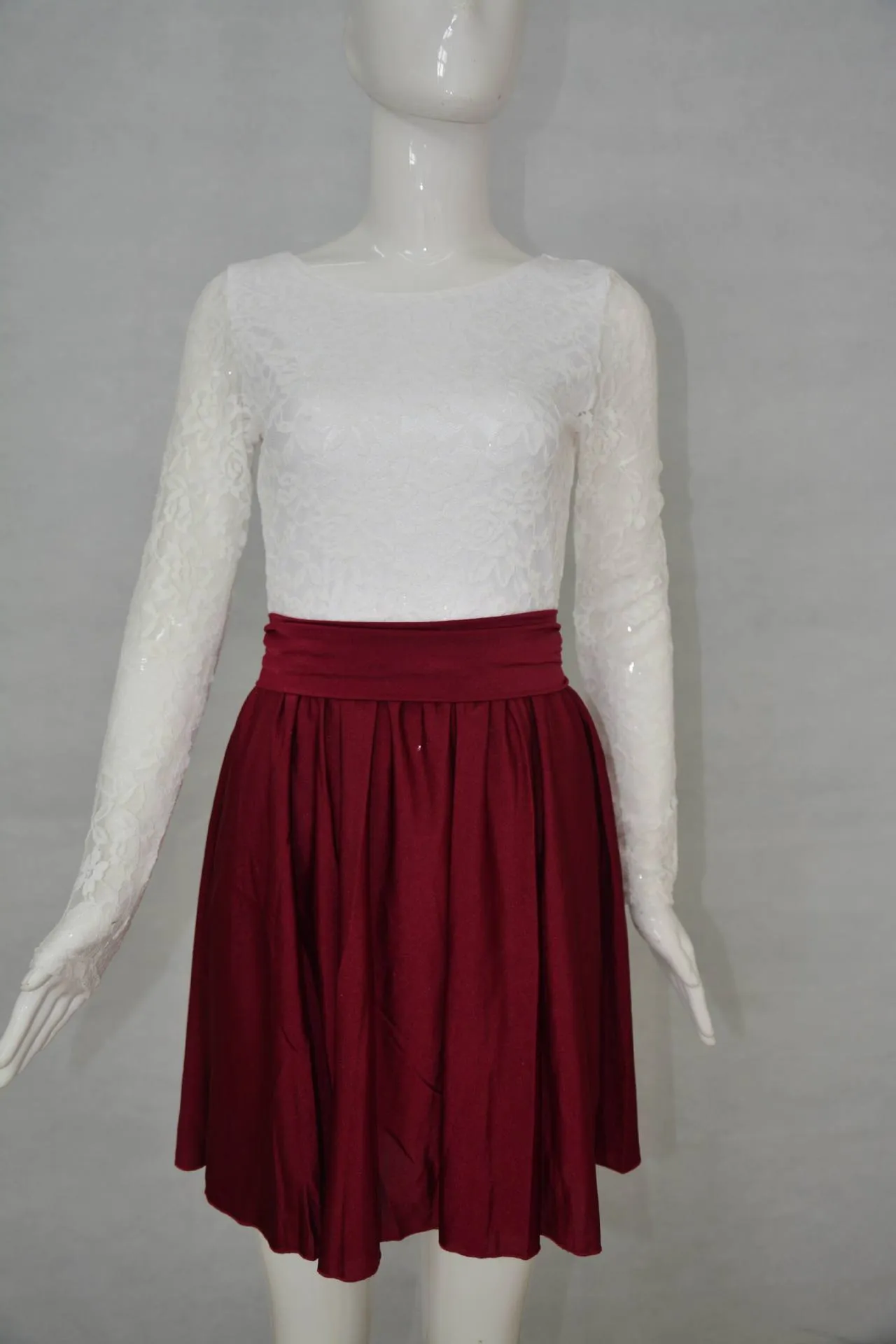Clearance Scoop Long Sleeves Lace Patchwork Flared Pleated Short Dress