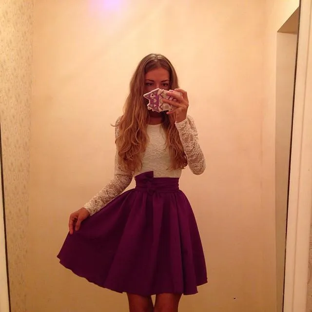 Clearance Scoop Long Sleeves Lace Patchwork Flared Pleated Short Dress
