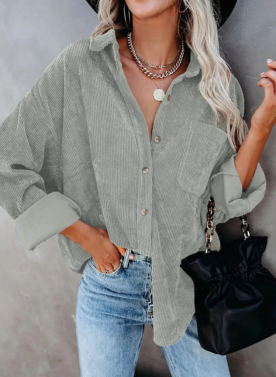 Dokotoo Womens Corduroy Button Down Shirts Boyfriend Long Sleeve Oversized Blouses Tops