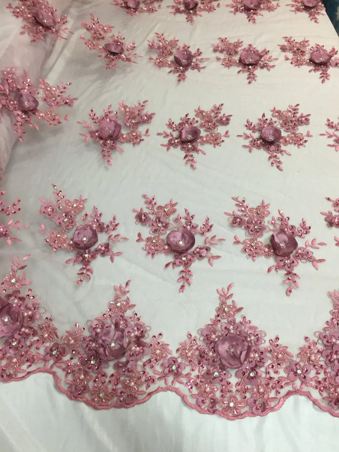 Dusty Rose 3D flower embroider and beaded on a mesh lace -yard