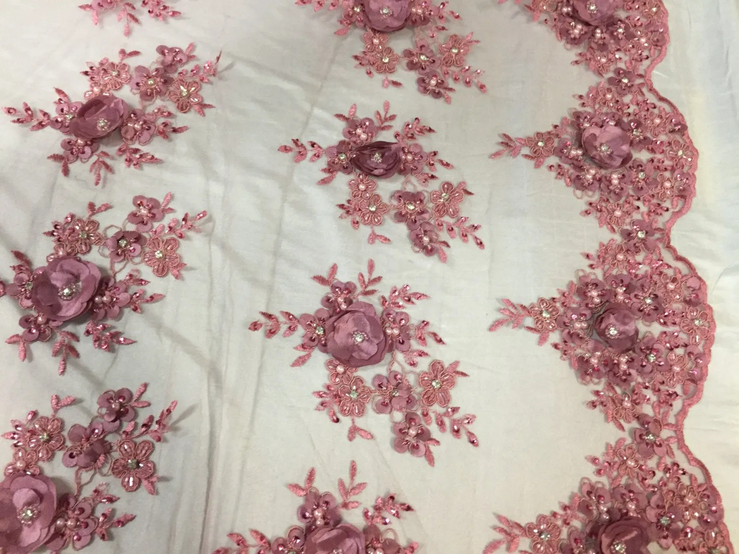Dusty Rose 3D flower embroider and beaded on a mesh lace -yard
