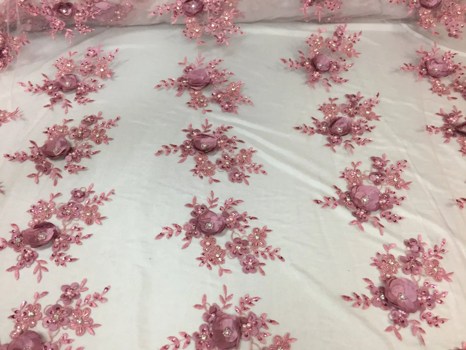 Dusty Rose 3D flower embroider and beaded on a mesh lace -yard