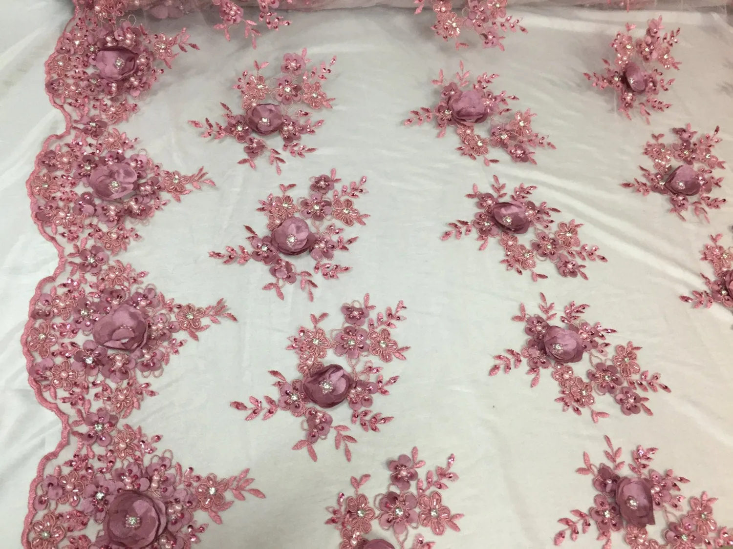 Dusty Rose 3D flower embroider and beaded on a mesh lace -yard