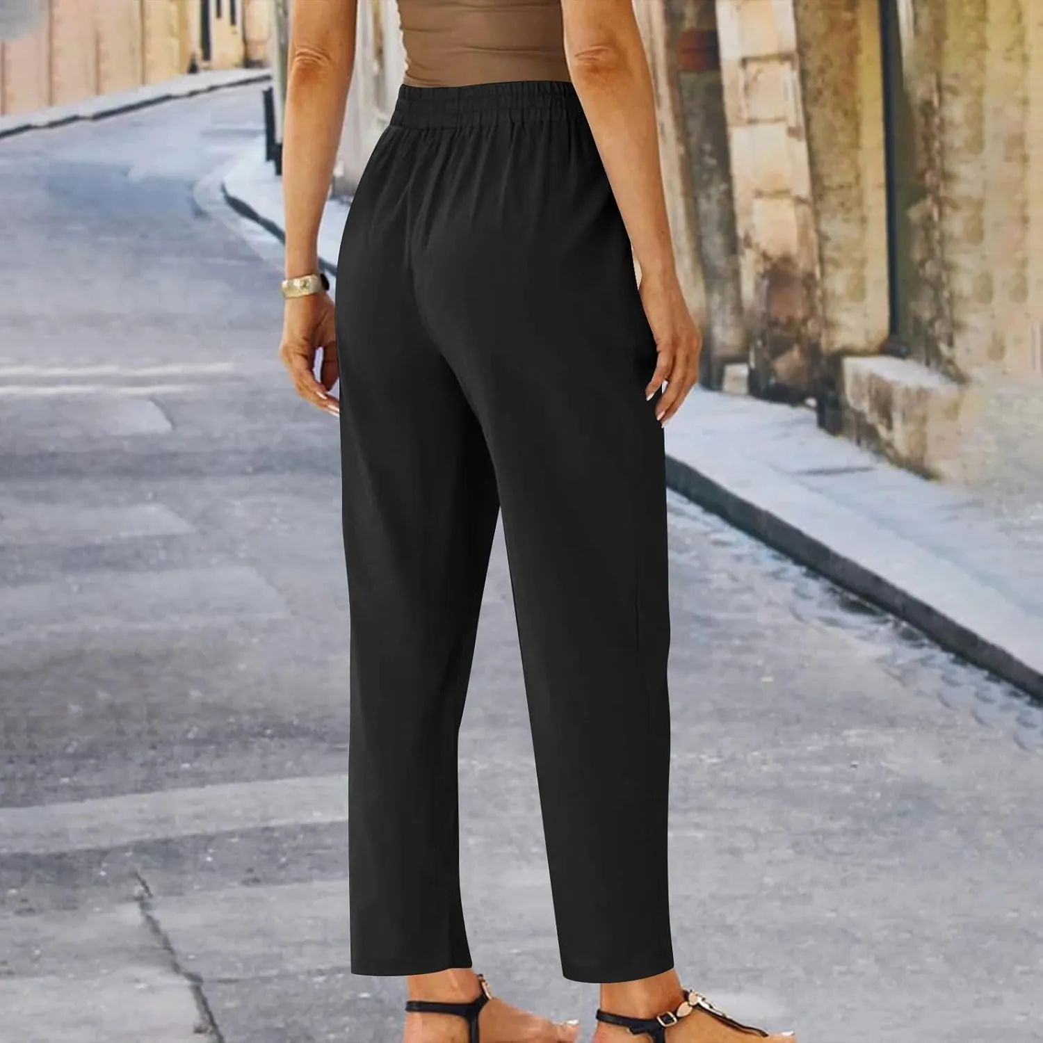 FZYLQY Womens Drawstring Waist Linen Trousers with Pockets Casual Loose Fit Pants for 2025 Summer Relaxed Comfort