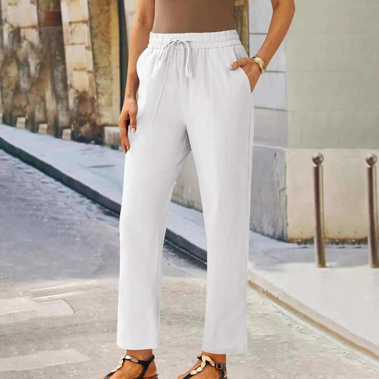 FZYLQY Womens Drawstring Waist Linen Trousers with Pockets Casual Loose Fit Pants for 2025 Summer Relaxed Comfort