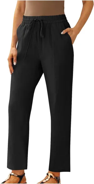FZYLQY Womens Drawstring Waist Linen Trousers with Pockets Casual Loose Fit Pants for 2025 Summer Relaxed Comfort