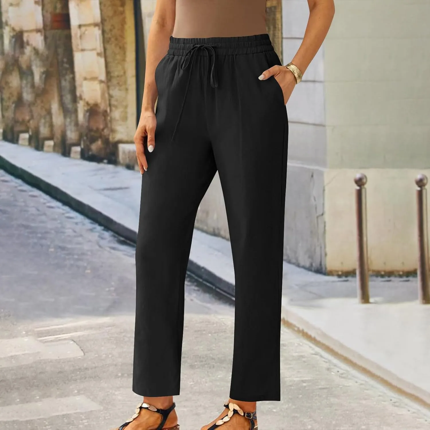 FZYLQY Womens Drawstring Waist Linen Trousers with Pockets Casual Loose Fit Pants for 2025 Summer Relaxed Comfort