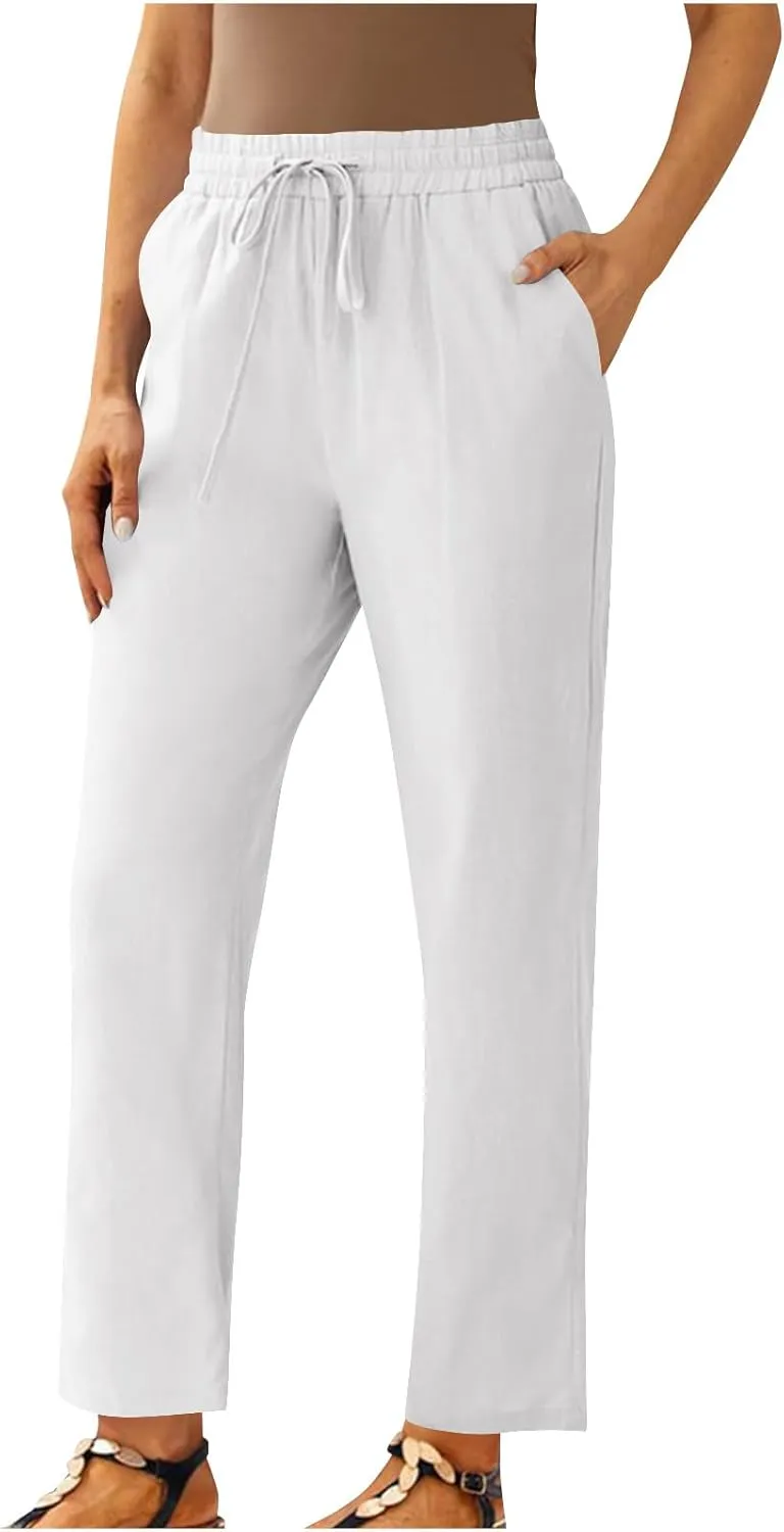 FZYLQY Womens Drawstring Waist Linen Trousers with Pockets Casual Loose Fit Pants for 2025 Summer Relaxed Comfort