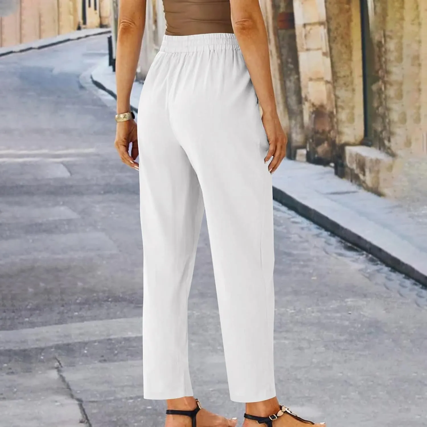 FZYLQY Womens Drawstring Waist Linen Trousers with Pockets Casual Loose Fit Pants for 2025 Summer Relaxed Comfort