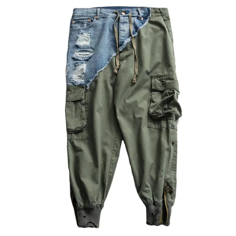 Heavy Ankle Zipper Patchwork Jeans x Joggers | Army Drawstring Cargo