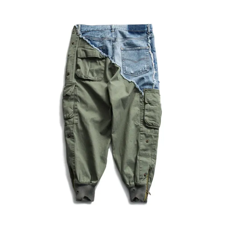 Heavy Ankle Zipper Patchwork Jeans x Joggers | Army Drawstring Cargo
