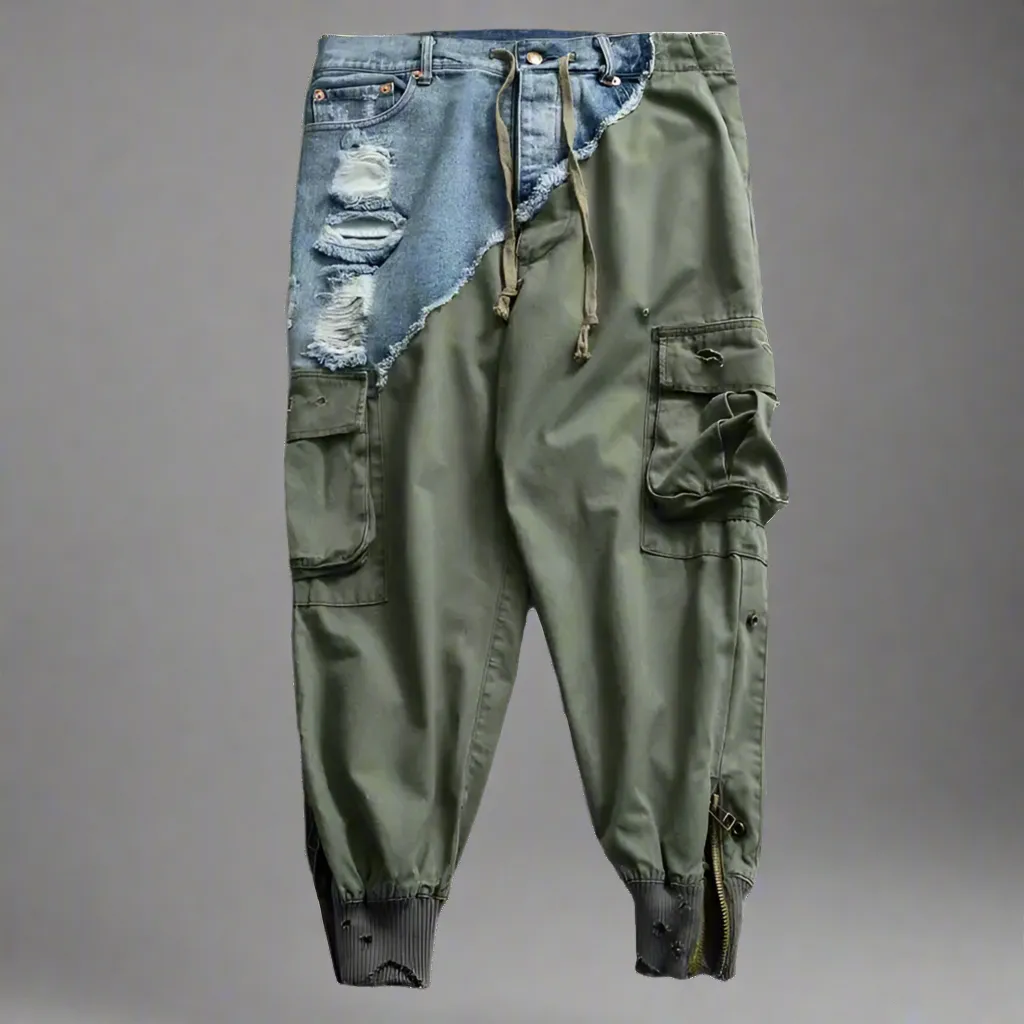 Heavy Ankle Zipper Patchwork Jeans x Joggers | Army Drawstring Cargo
