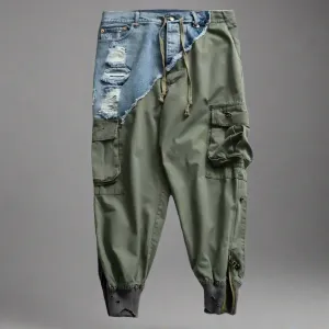 Heavy Ankle Zipper Patchwork Jeans x Joggers | Army Drawstring Cargo