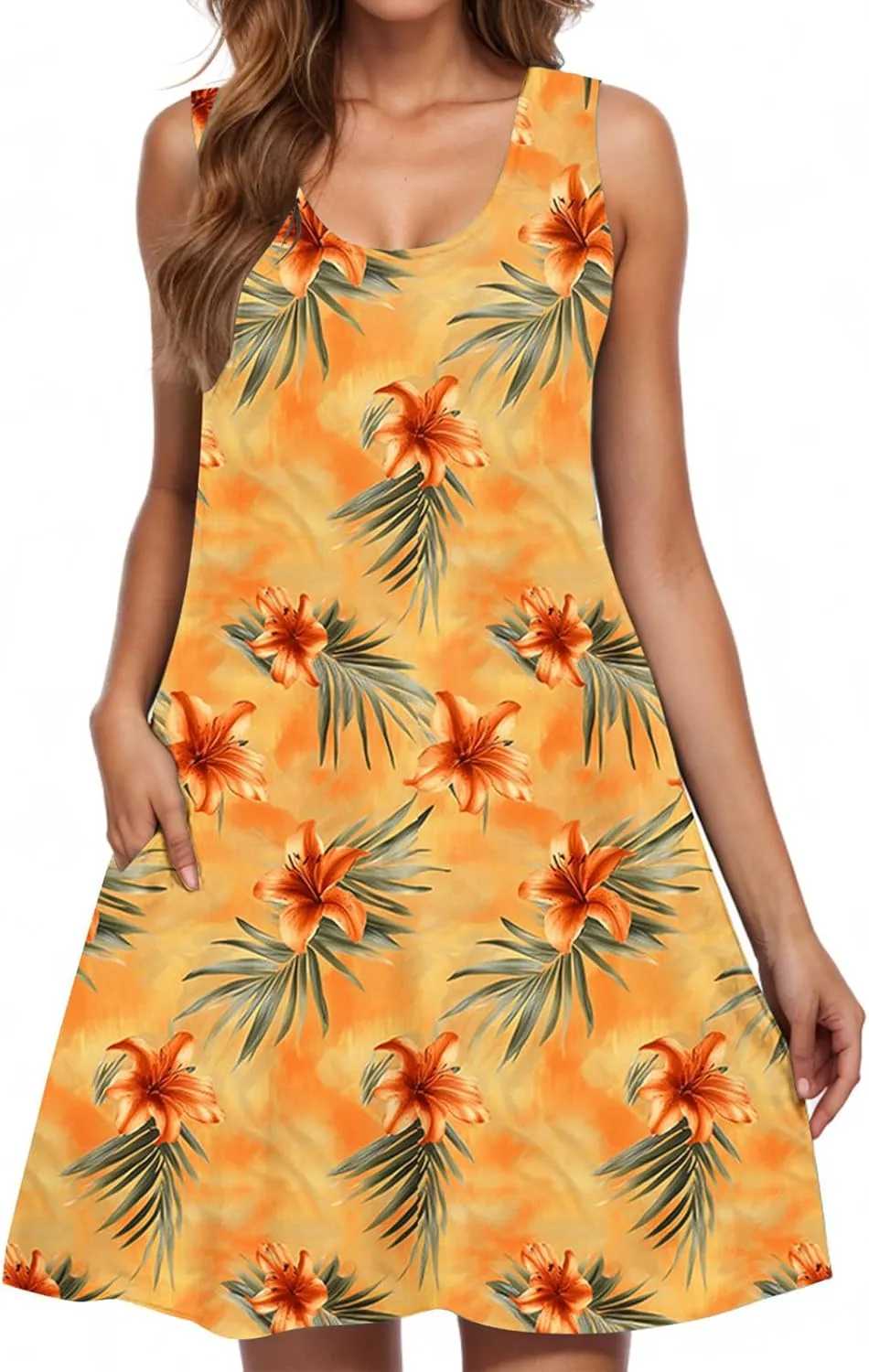 hlysgo Womens Summer Dresses 2025 Trendy Floral Print Sleeveless Crew Neck Tank Mini Dress A-Line Flowy Short Beach Sundress