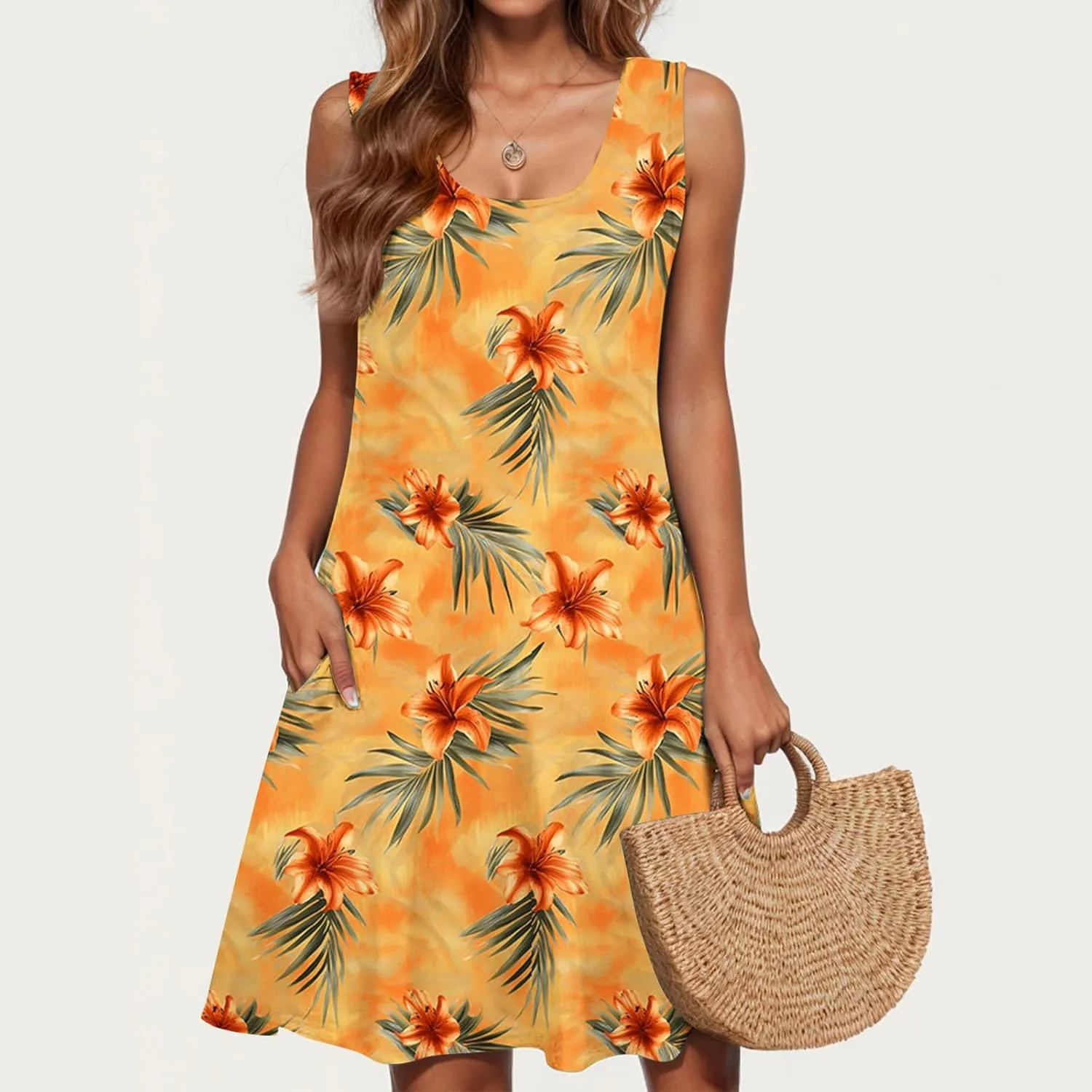 hlysgo Womens Summer Dresses 2025 Trendy Floral Print Sleeveless Crew Neck Tank Mini Dress A-Line Flowy Short Beach Sundress