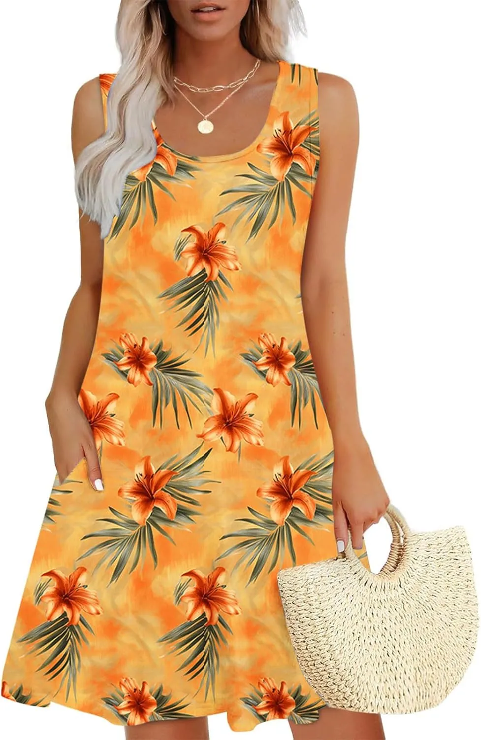 hlysgo Womens Summer Dresses 2025 Trendy Floral Print Sleeveless Crew Neck Tank Mini Dress A-Line Flowy Short Beach Sundress