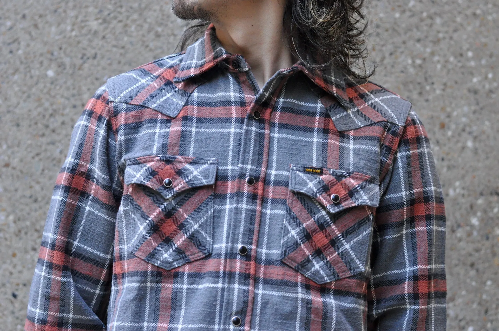 Iron Heart Ultra-Heavy "Slubby" Flannel Classic Check Western Shirt (Battleship Grey)