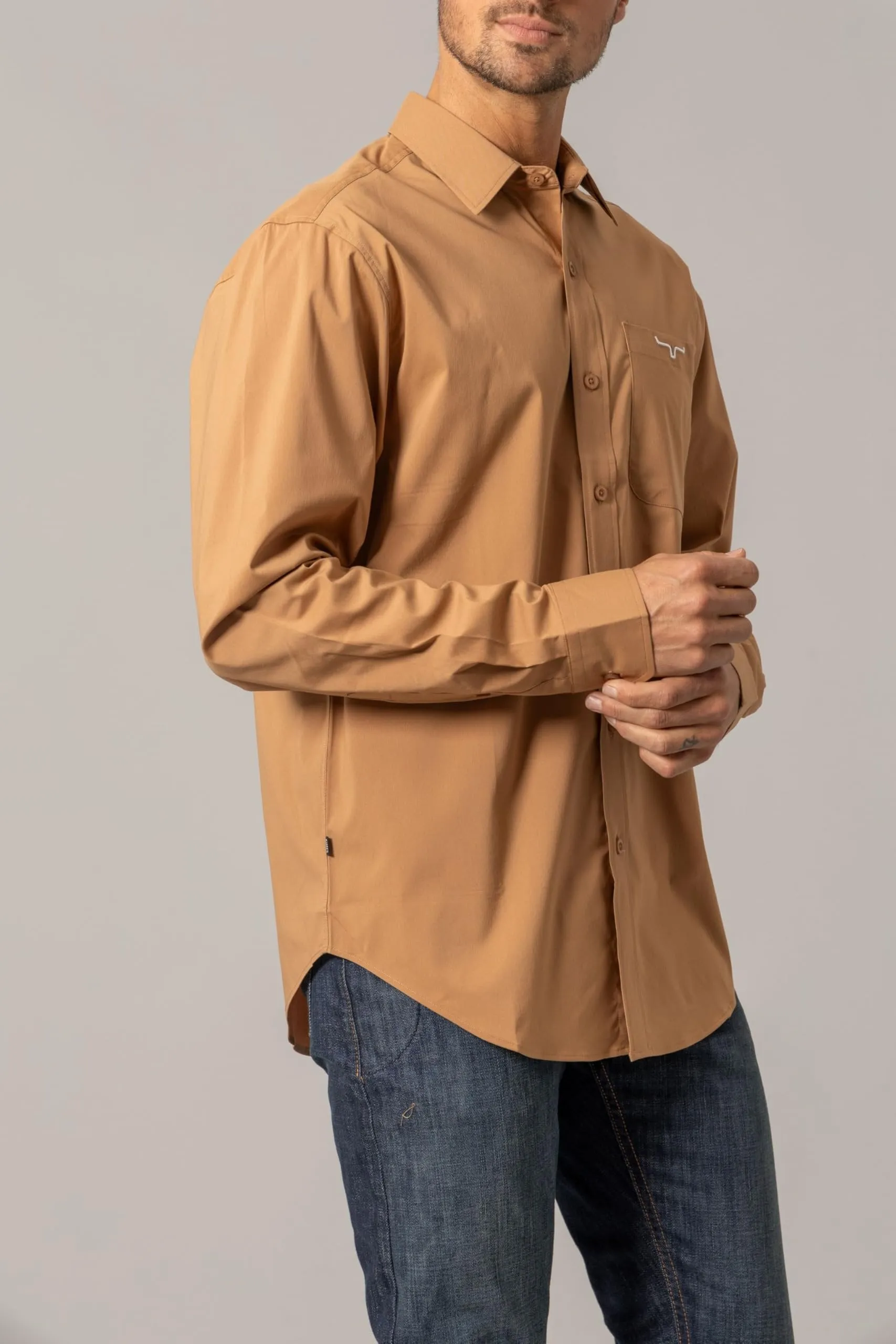Kimes Ranch Men's KR Team Long Sleeve Dress Shirt, Brown