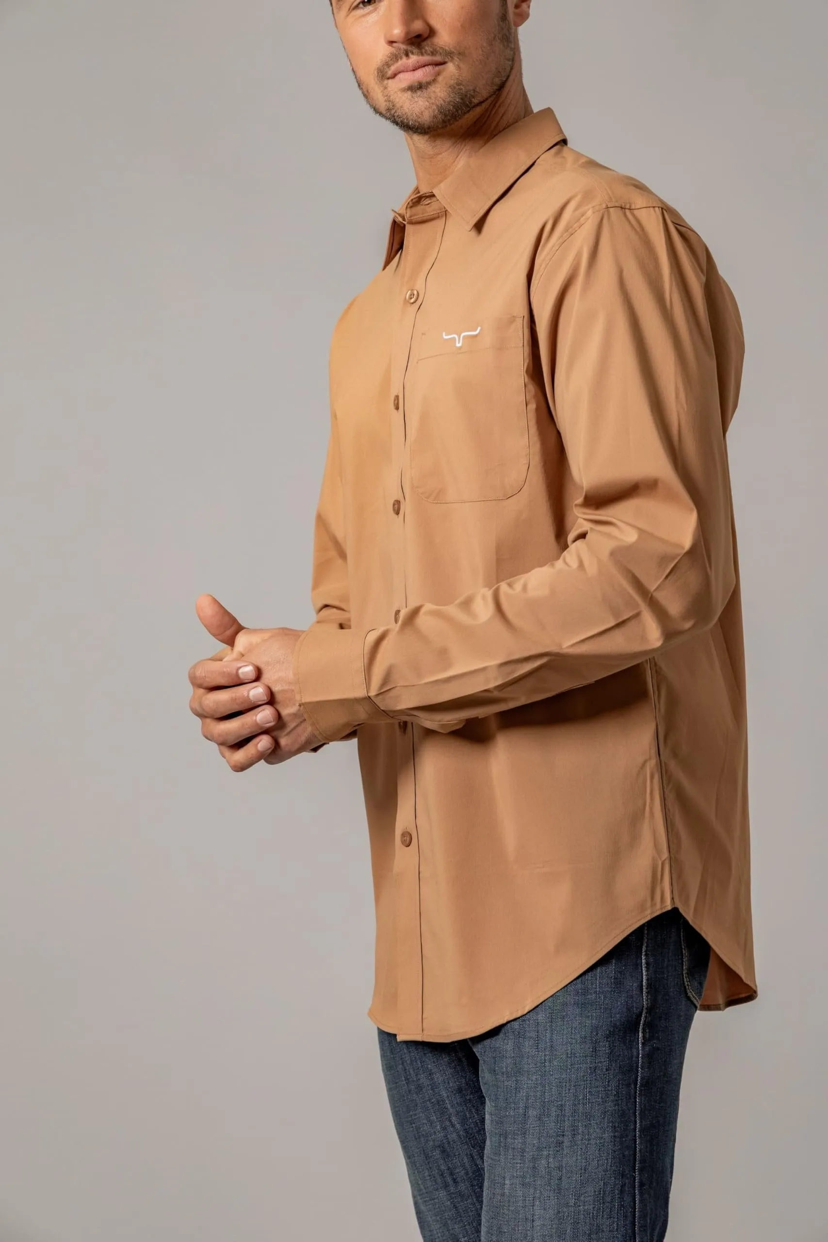 Kimes Ranch Men's KR Team Long Sleeve Dress Shirt, Brown