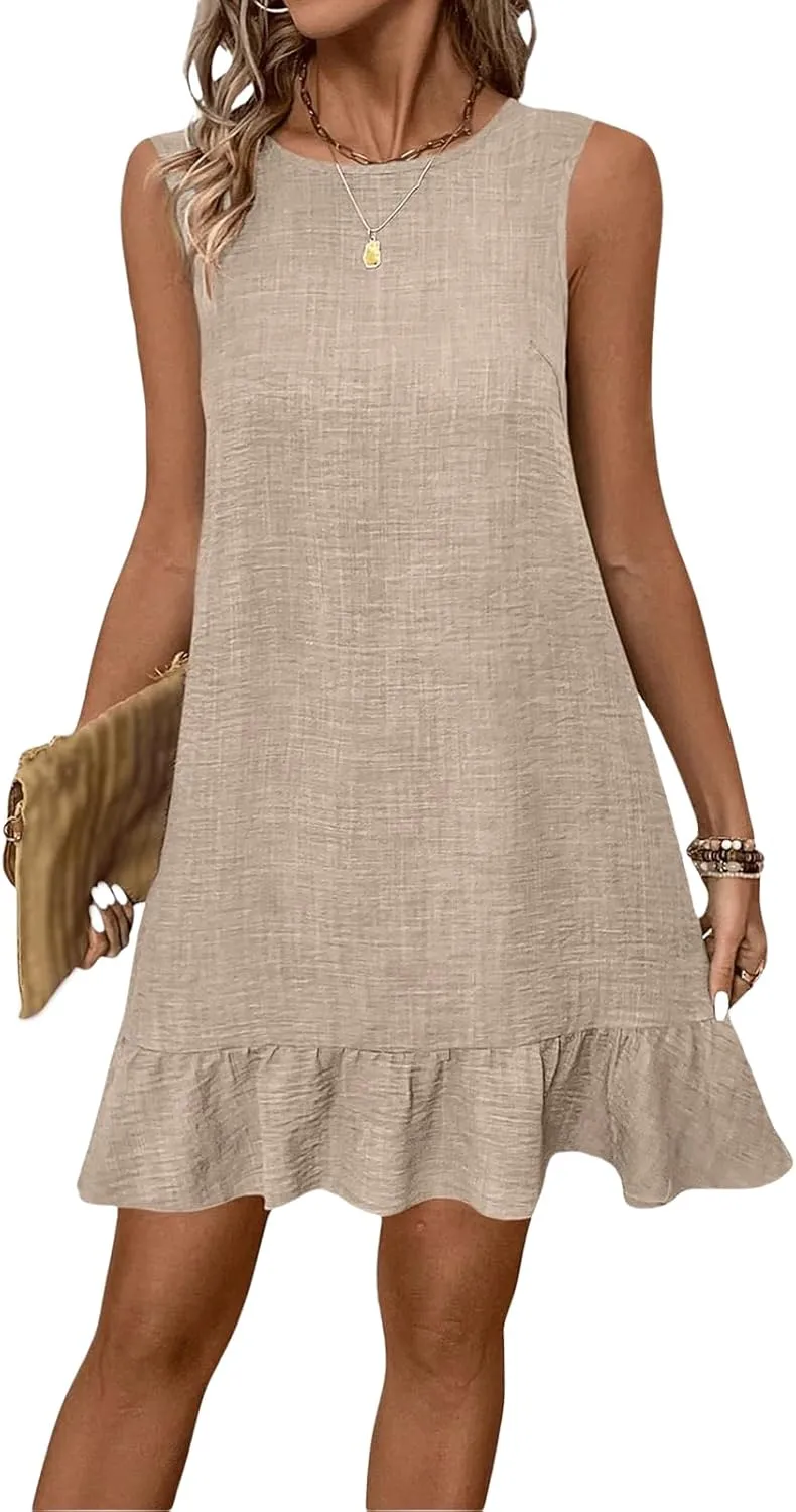 Kubbon Casual Dresses for Women Ruffle Hem Sleeveless Mini Dresses Loose Flowy Sundress Soild Color Back Bow Tie Dress