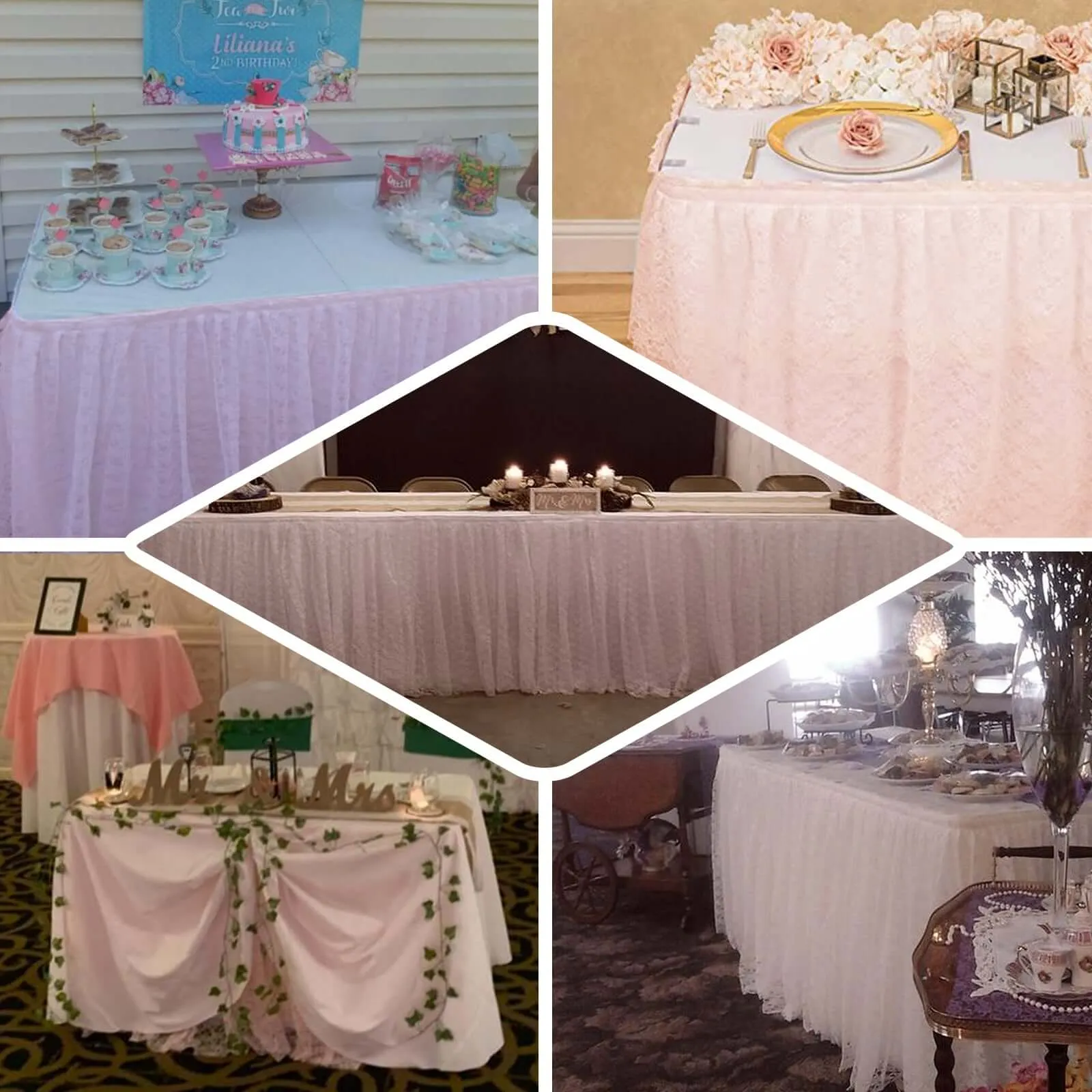 Lace Table Skirt 14ft Blush - Premium Pleated Table Cover