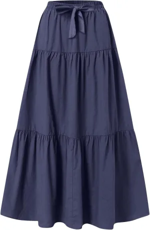Linen Maxi Skirts for Women 2025 Summer Bow Elastic Waist A Line Tiered Boho Skirt Vacation Beach Long Pleated Skirt
