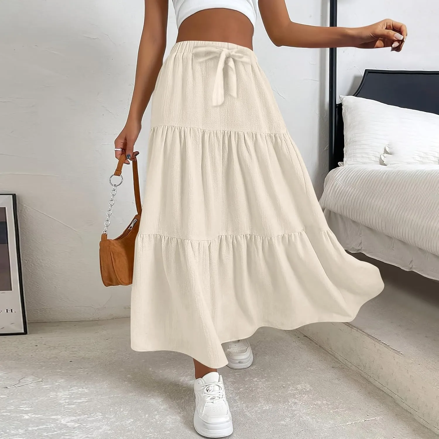 Linen Maxi Skirts for Women 2025 Summer Bow Elastic Waist A Line Tiered Boho Skirt Vacation Beach Long Pleated Skirt