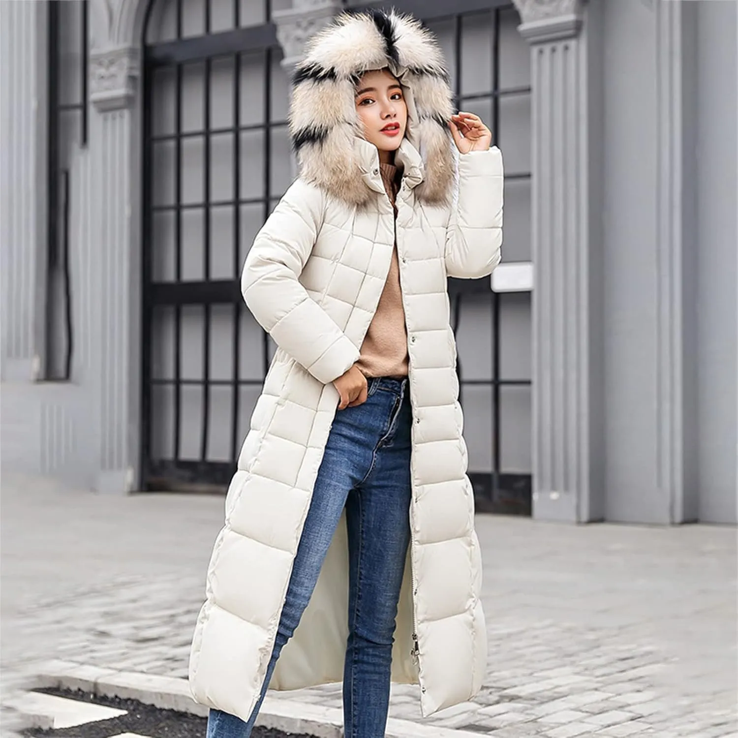 Long Jacket Women Fur Collar Lace Up Cotton Parkas Coat Classic Winter 2023 Warm with Hood Military Utility Jackets