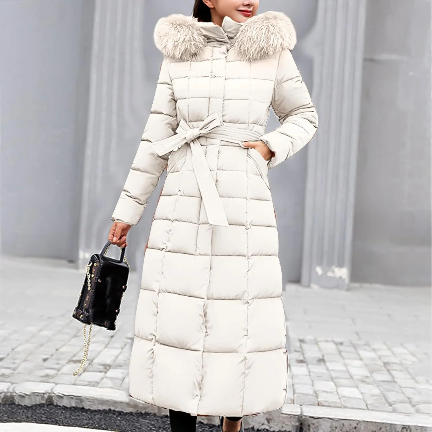 Long Jacket Women Fur Collar Lace Up Cotton Parkas Coat Classic Winter 2023 Warm with Hood Military Utility Jackets