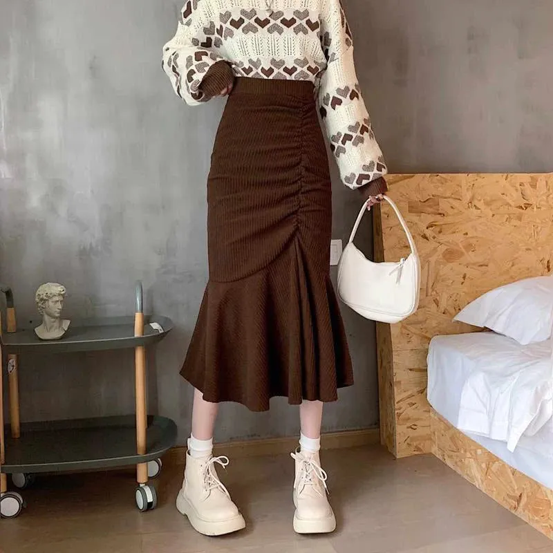 LVSANW Lucyever Fashion High Waist Midi Skirts for Women 2025 Spring Slim Fit  Hip Mermaid Skirt Woman Korean Ruffles Brown Skirts 2XL